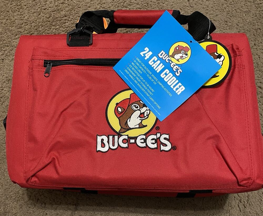 Buc-ees Travel Soft Cooler Travel Bag 24 CANS Bucees Embroidered Red Canvas New